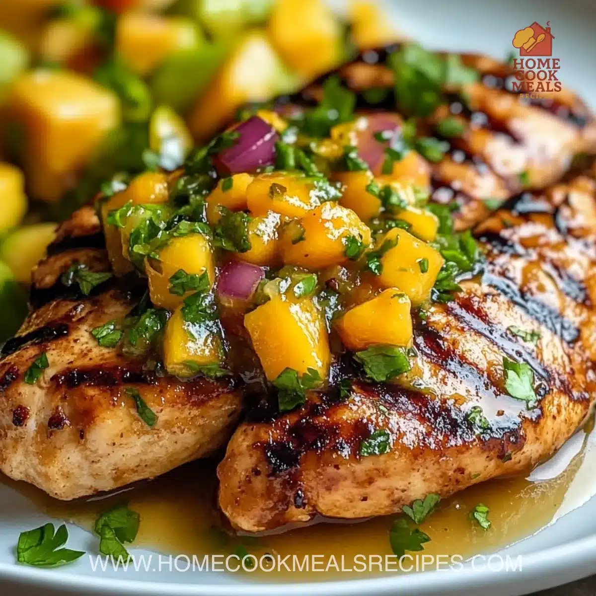 Honey Lime Chicken served with fresh Mango Salsa on a plate.