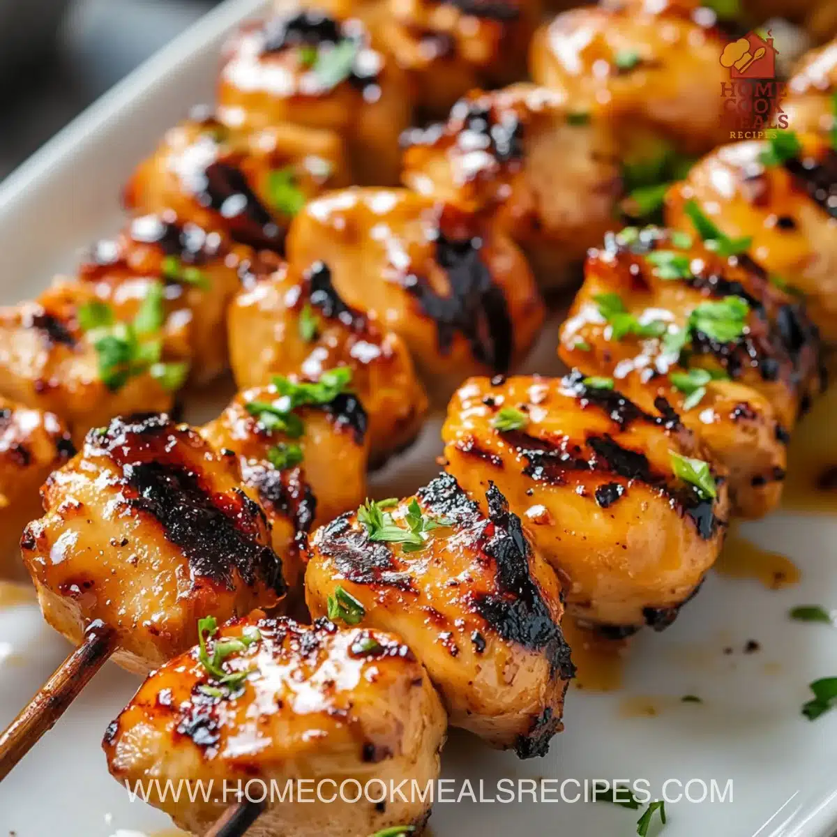 Hot honey grilled chicken skewers garnished and ready to serve