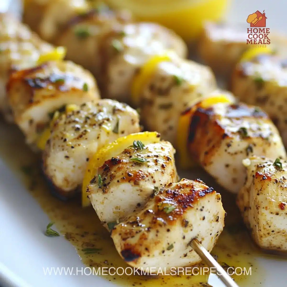Juicy lemon pepper chicken skewers on a grill, showcasing delicious seasoning.