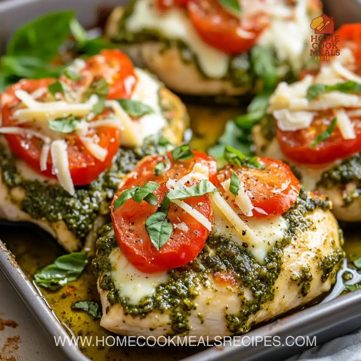 Pesto Bruschetta Chicken topped with fresh tomatoes and basil.