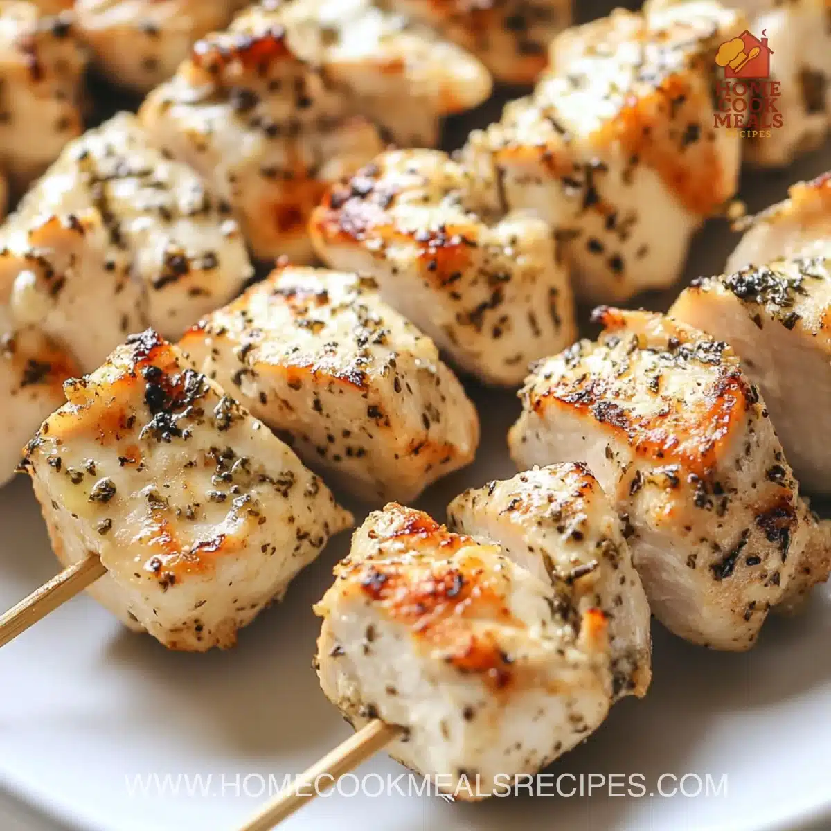 Ranch Garlic Parmesan Chicken Skewers served on a plate with fresh herbs