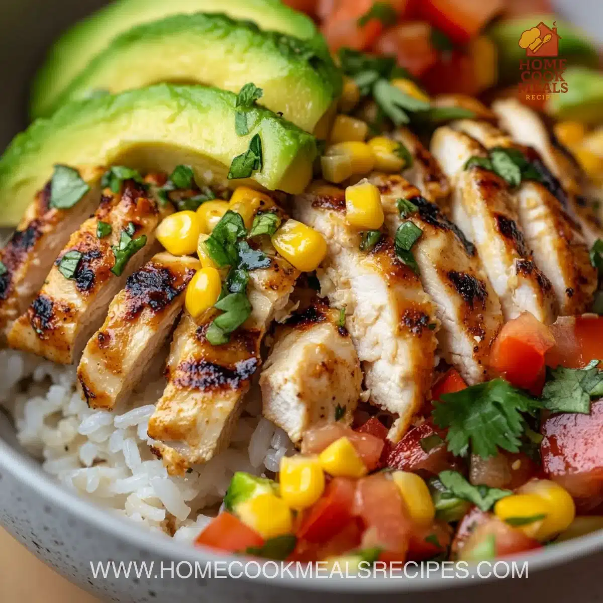 Street corn chicken rice bowl topped with vibrant ingredients and spices