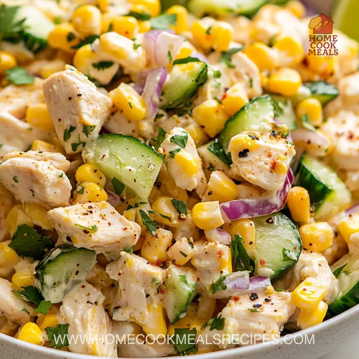 Street Corn Creamy Cucumber Chicken Salad recipe with vibrant ingredients.