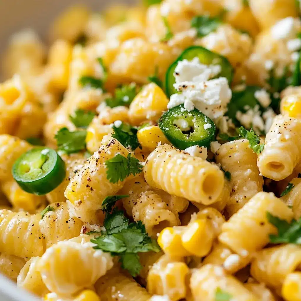 Delicious street corn pasta salad with vibrant vegetables and dressing.