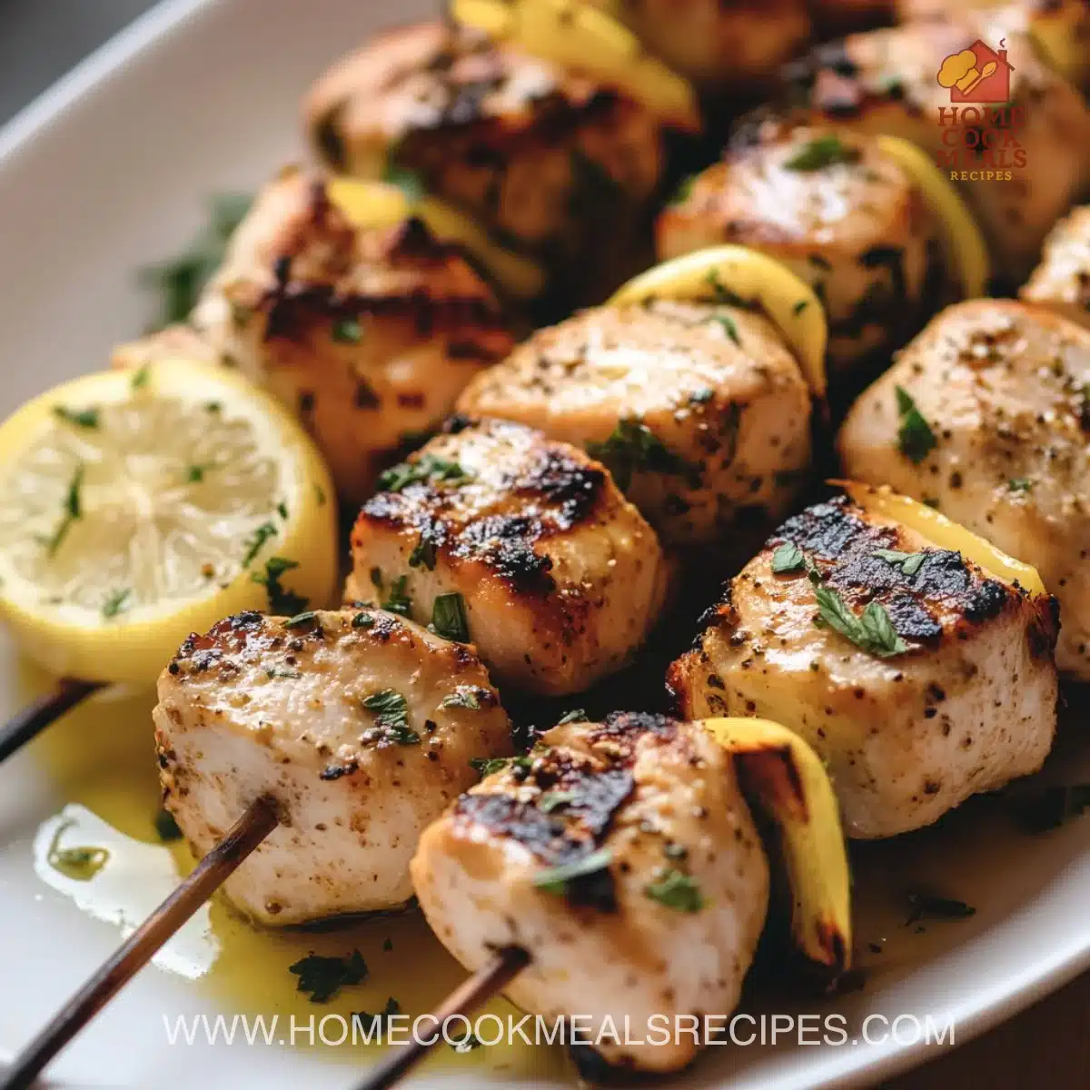 Yogurt marinade chicken kebabs grilling on a barbecue