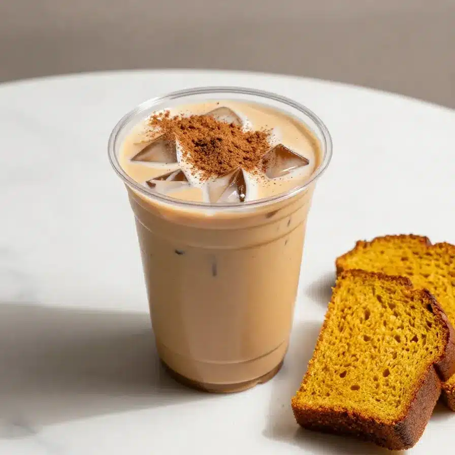 A homemade iced pumpkin cream chai tea latte in a glass, inspired by Starbucks.
