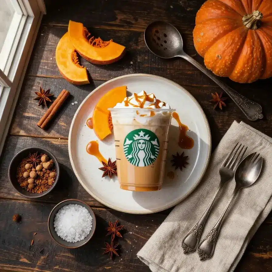 A Starbucks-inspired salted caramel pumpkin spice latte served in a white mug with whipped cream and caramel drizzle.