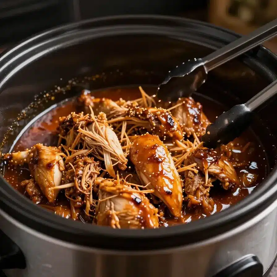 Close-up of juicy pulled BBQ chicken served in a bowl, cooked in a crockpot.