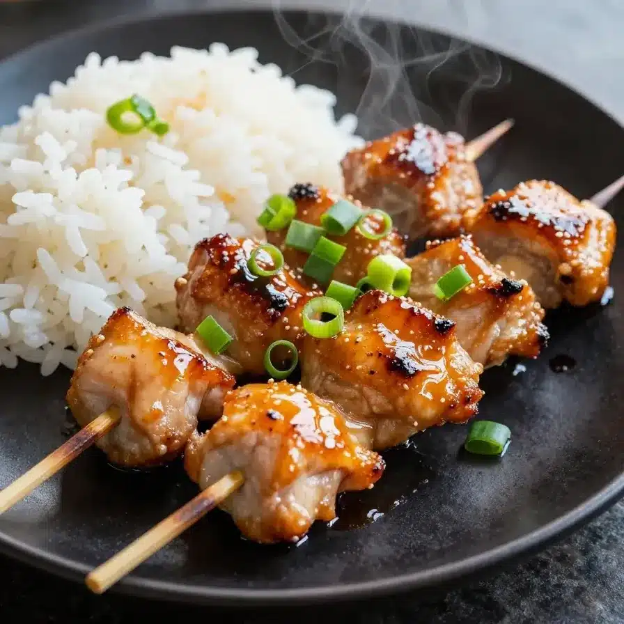 Close-up of grilled teriyaki chicken skewers garnished with sesame seeds and green onions.