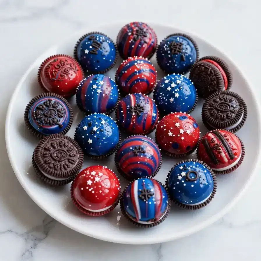 Red, white, and blue Oreo balls arranged on a serving plate for a patriotic celebration.
