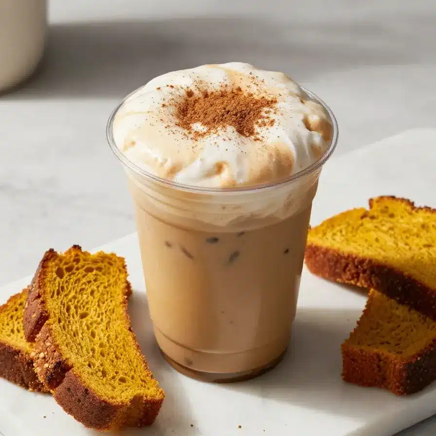 A homemade iced pumpkin cream chai tea latte served in a glass with a layer of frothy pumpkin cream on top.