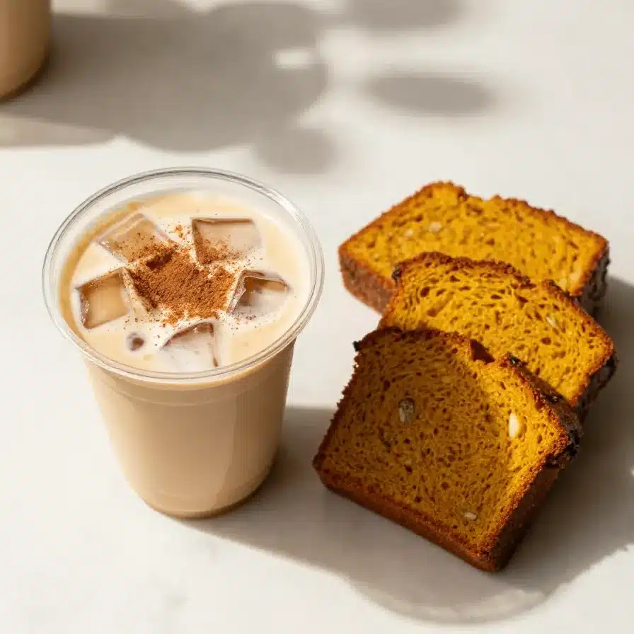 A homemade iced pumpkin cream chai tea latte in a glass, inspired by Starbucks.