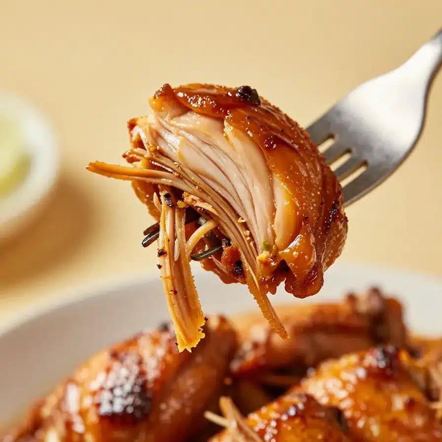 Crockpot BBQ Chicken Recipe for Juicy Pulled Chicken 2 Close-up of juicy pulled BBQ chicken served in a bowl, cooked in a crockpot.