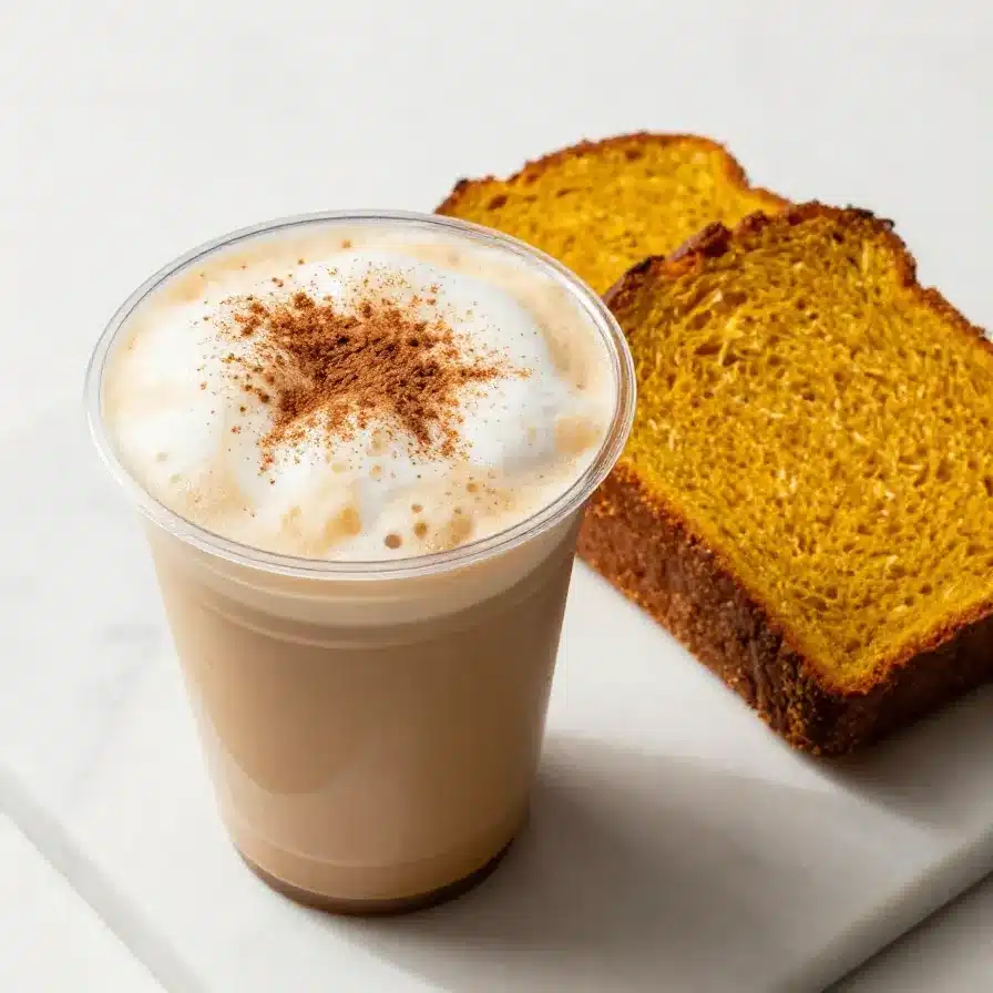 A homemade iced pumpkin cream chai tea latte served in a glass with a layer of frothy pumpkin cream on top.