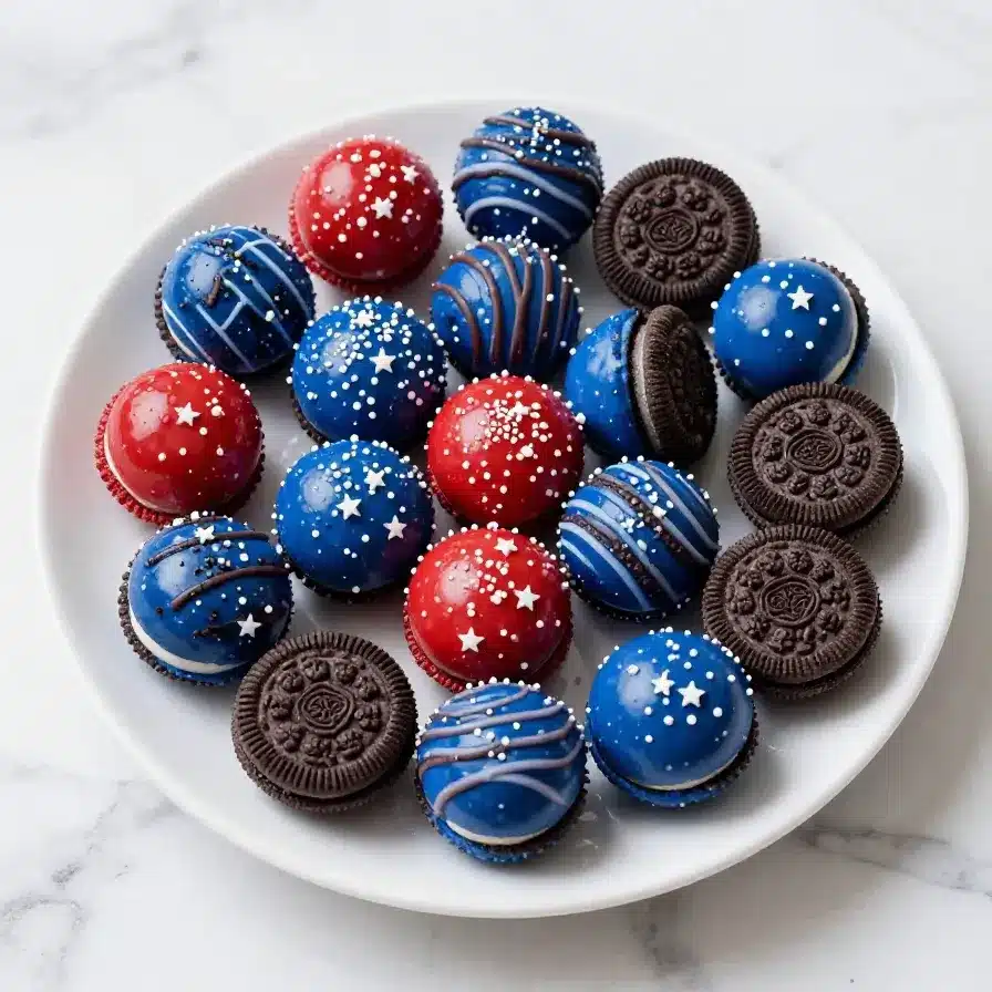 Red, white, and blue Oreo balls arranged on a serving plate for a patriotic celebration.