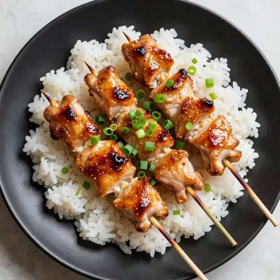 Close-up of grilled teriyaki chicken skewers garnished with sesame seeds and green onions.