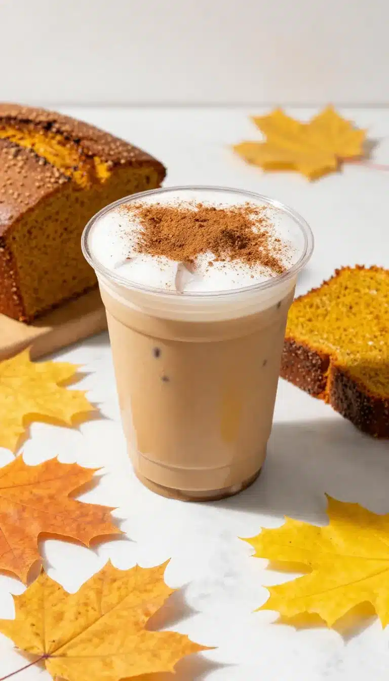 A homemade iced pumpkin cream chai tea latte in a glass, inspired by Starbucks.