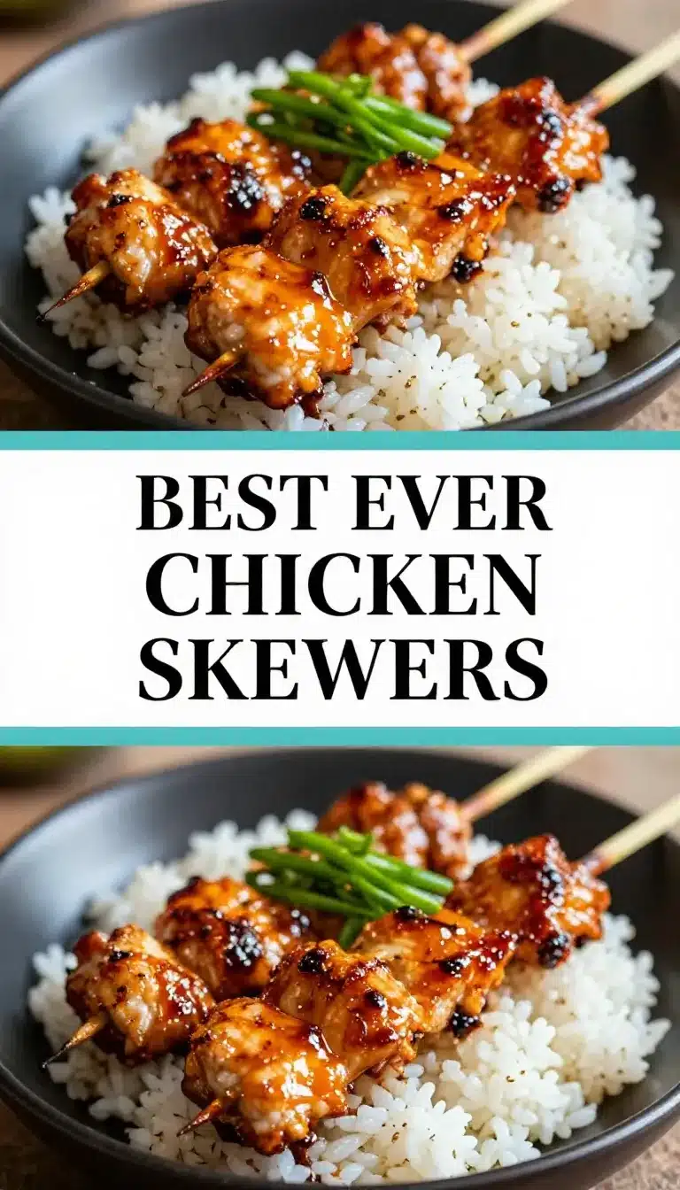 Close-up of grilled teriyaki chicken skewers garnished with sesame seeds and green onions.