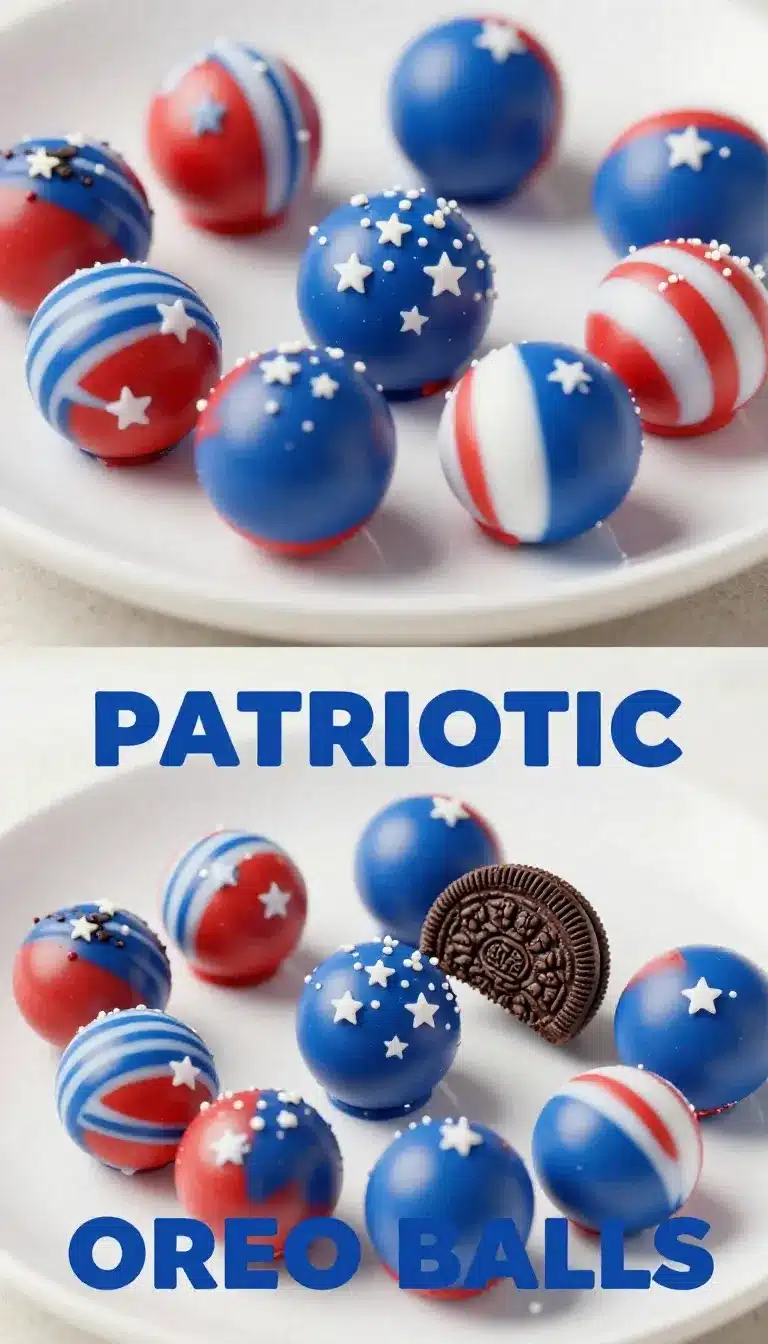 Red, white, and blue Oreo balls arranged on a serving plate for a patriotic celebration.