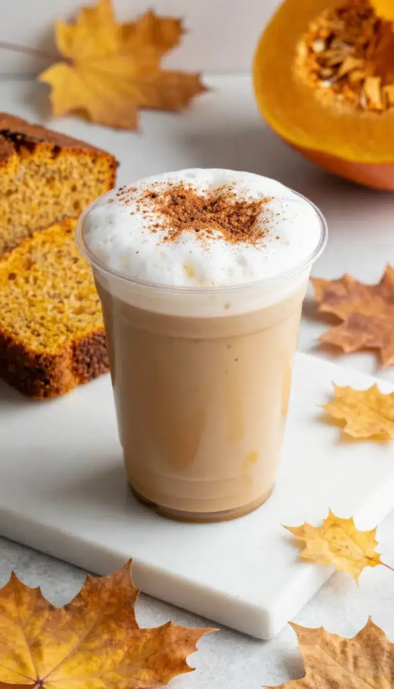 A homemade iced pumpkin cream chai tea latte served in a glass with a layer of frothy pumpkin cream on top.