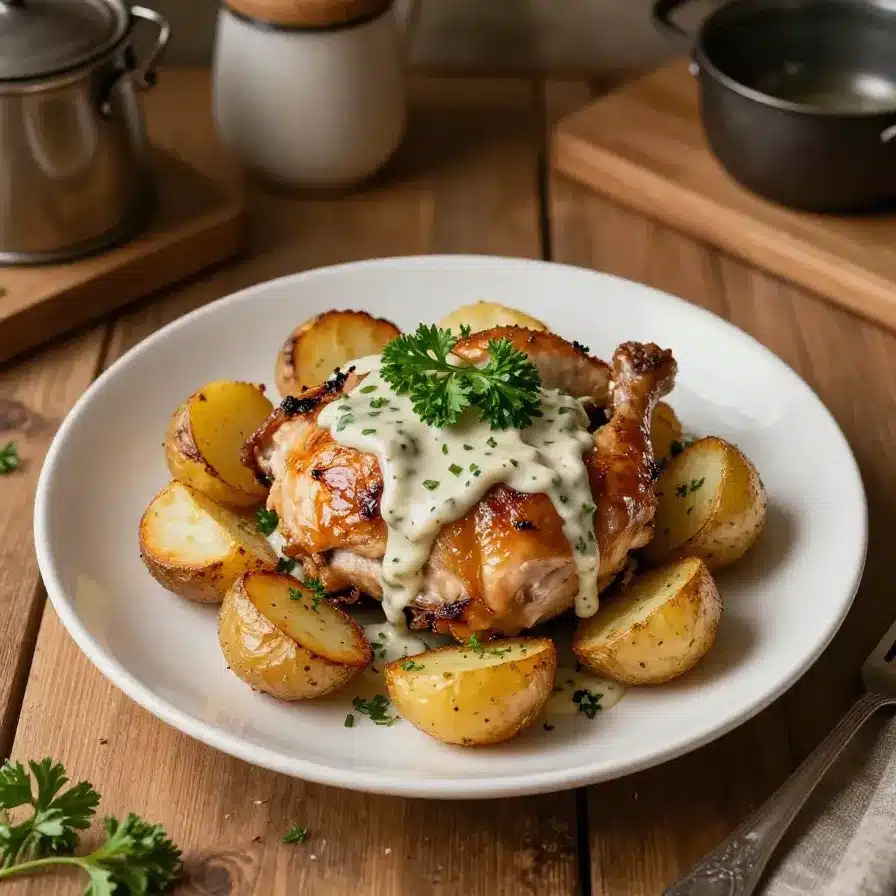 A slow cooker filled with cheesy ranch chicken and potatoes, perfect for easy one-pot meals.