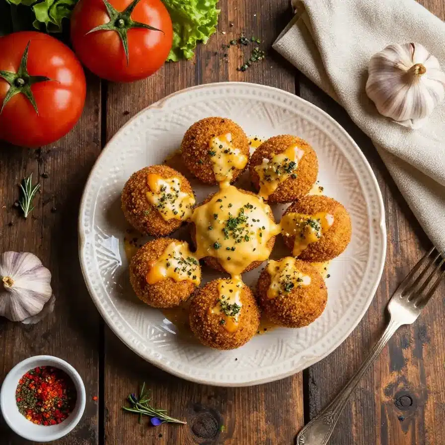 A close-up of golden-brown garlic Parmesan cheeseburger bombs served on a plate.