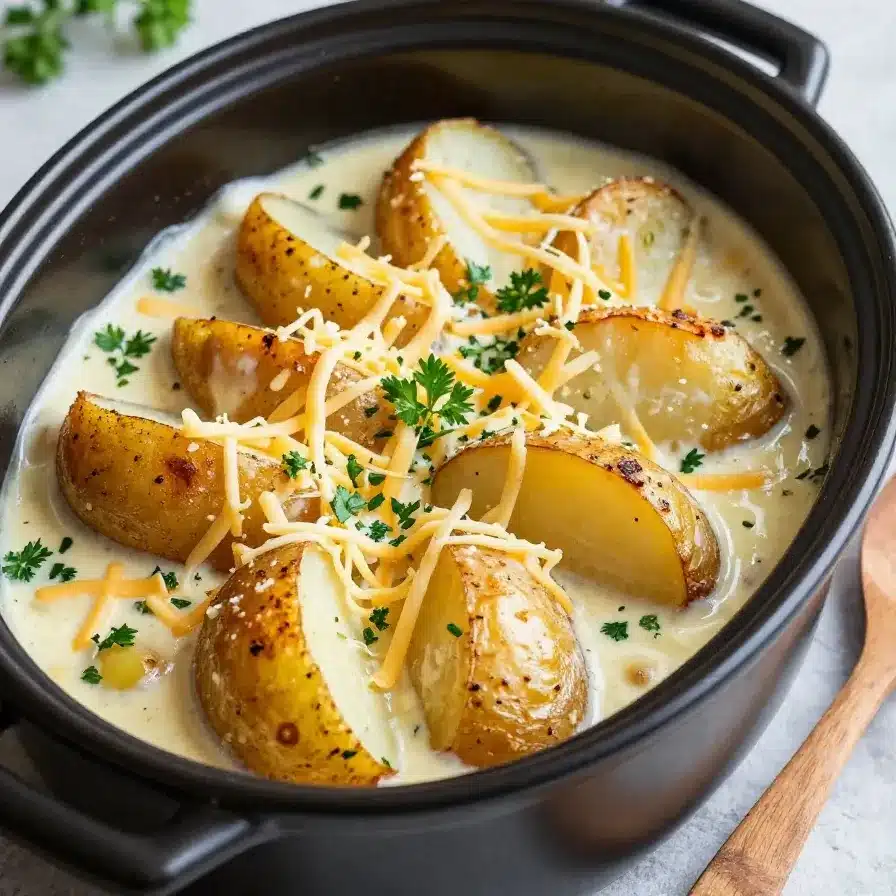 A close-up of creamy scalloped potatoes served in a white bowl, cooked in a crock pot.