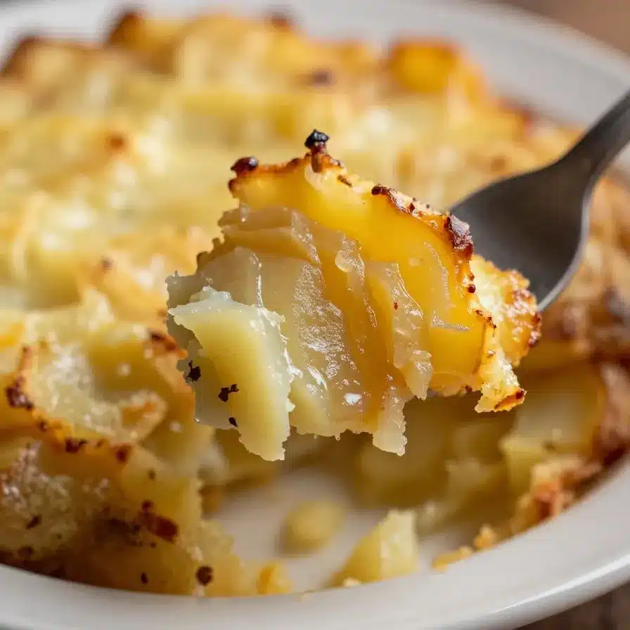 Easy Crock Pot Scalloped Potatoes 2 A close-up of creamy scalloped potatoes served in a white bowl, cooked in a crock pot.