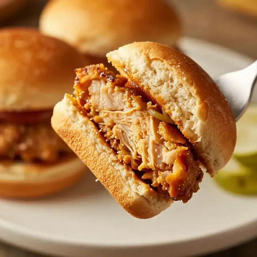 Buffalo Chicken Sliders 1 Close-up of buffalo chicken sliders topped with melted cheese and served on soft buns.