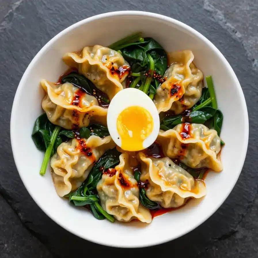 A savory bowl of dumpling ramen topped with soft-boiled eggs and fresh greens.