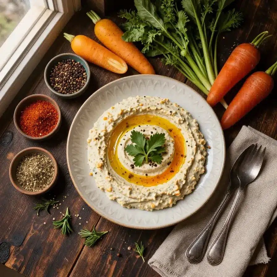 A bowl of creamy Hissy Fit Dip garnished with fresh herbs, served with crackers.