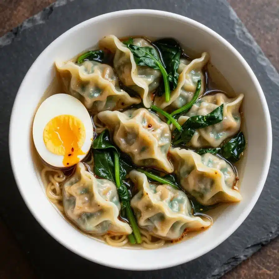 A savory bowl of dumpling ramen topped with soft-boiled eggs and fresh greens.