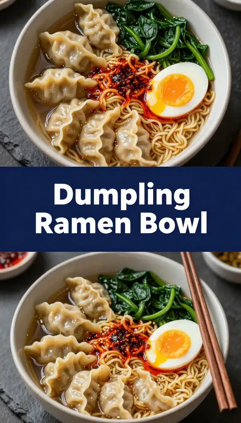 A savory bowl of dumpling ramen topped with soft-boiled eggs and fresh greens.