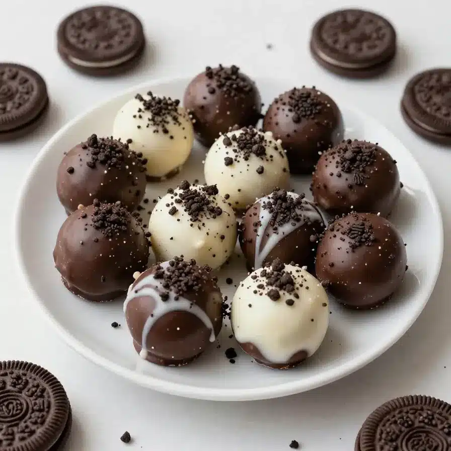 Close-up of homemade Oreo balls arranged on a white plate.