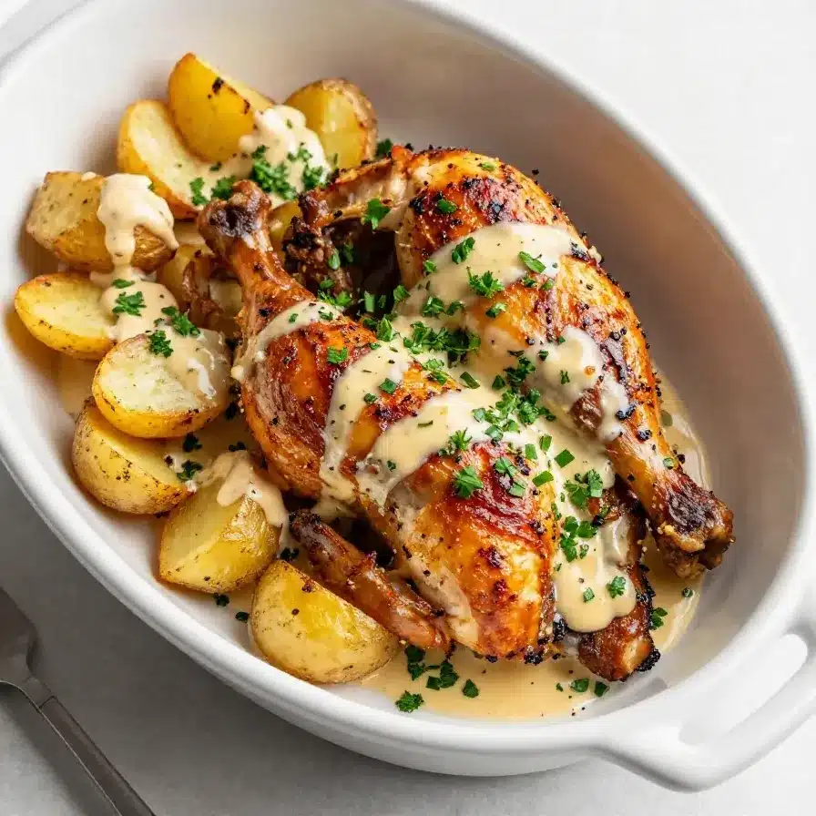 A hearty dish of garlic parmesan chicken and potatoes cooked in a crockpot, served on a white plate.