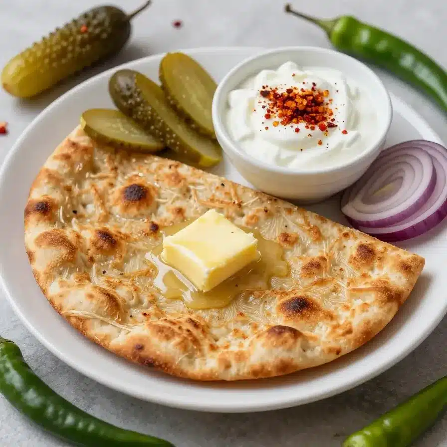 Close-up of freshly cooked aloo paratha served with yogurt and pickles on a plate.