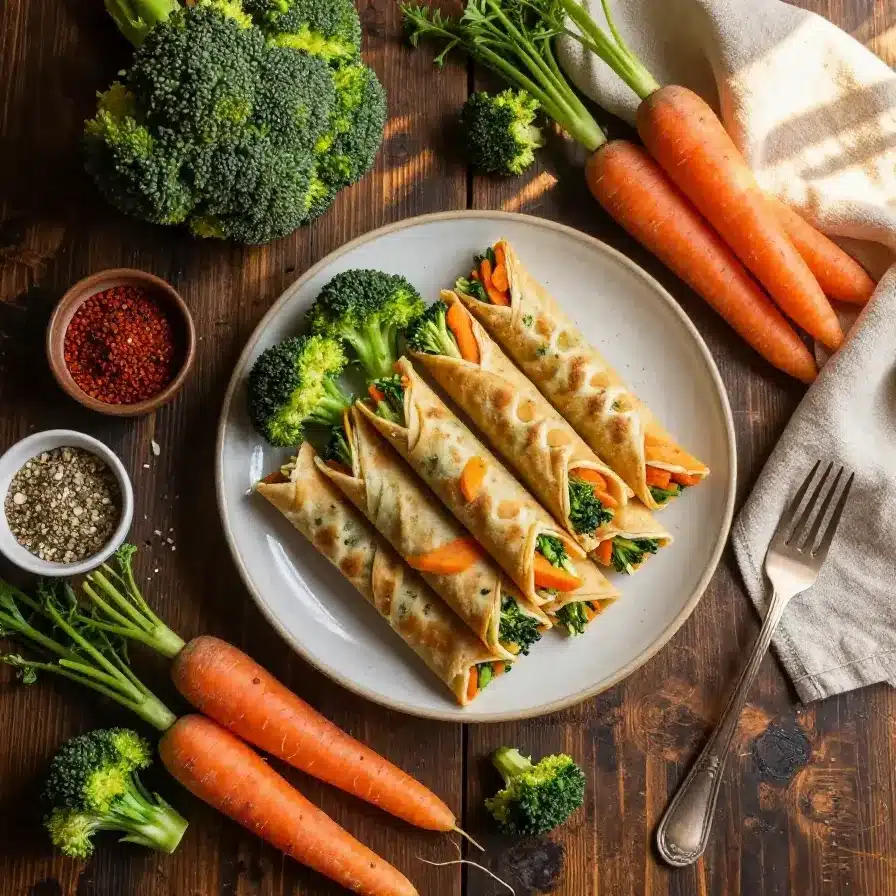 Close-up of vegan veggie pinwheels filled with broccoli, carrots, and creamy spread on a wooden plate.