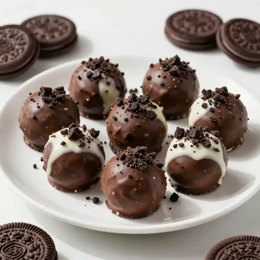 Close-up of homemade Oreo balls arranged on a white plate.