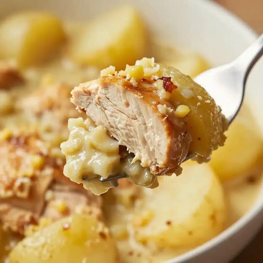 Perfect Crockpot Garlic Parmesan Chicken And Potatoes 2 A hearty dish of garlic parmesan chicken and potatoes cooked in a crockpot, served on a white plate.