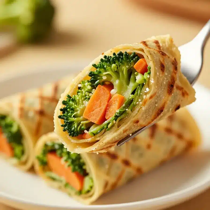 Close-up of vegan veggie pinwheels filled with broccoli, carrots, and creamy spread on a wooden plate.