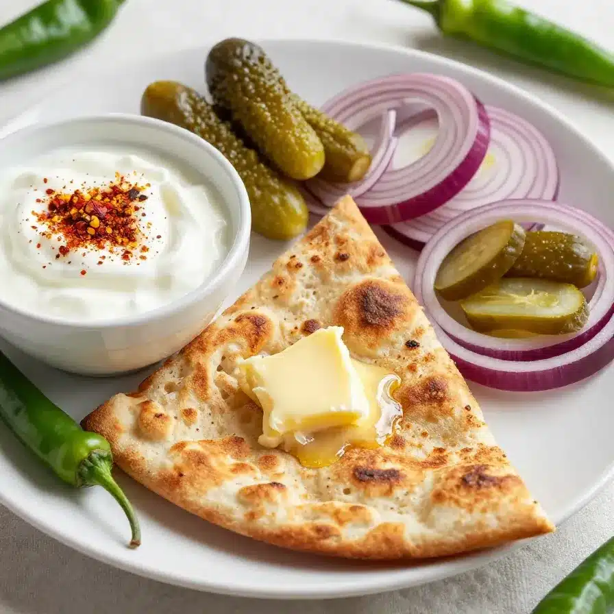 Close-up of freshly cooked aloo paratha served with yogurt and pickles on a plate.