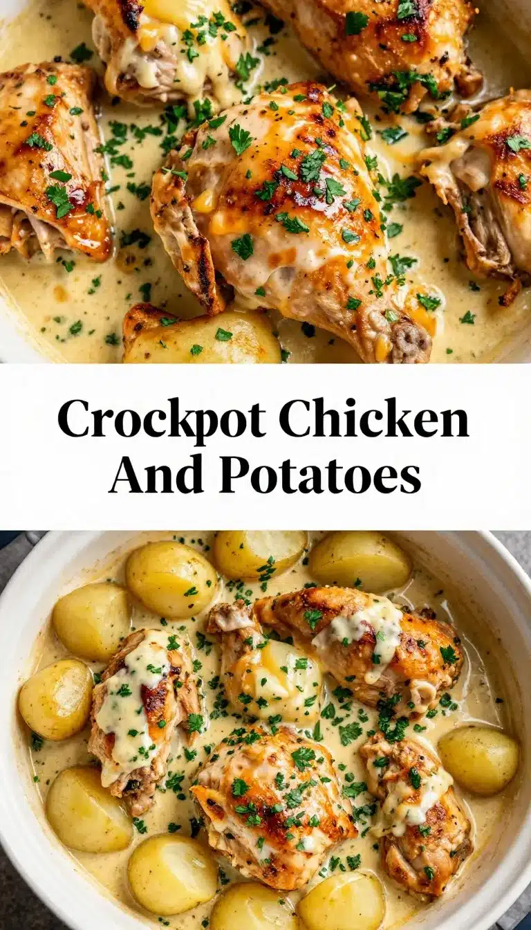 Perfect Crockpot Garlic Parmesan Chicken And Potatoes 4 A hearty dish of garlic parmesan chicken and potatoes cooked in a crockpot, served on a white plate.