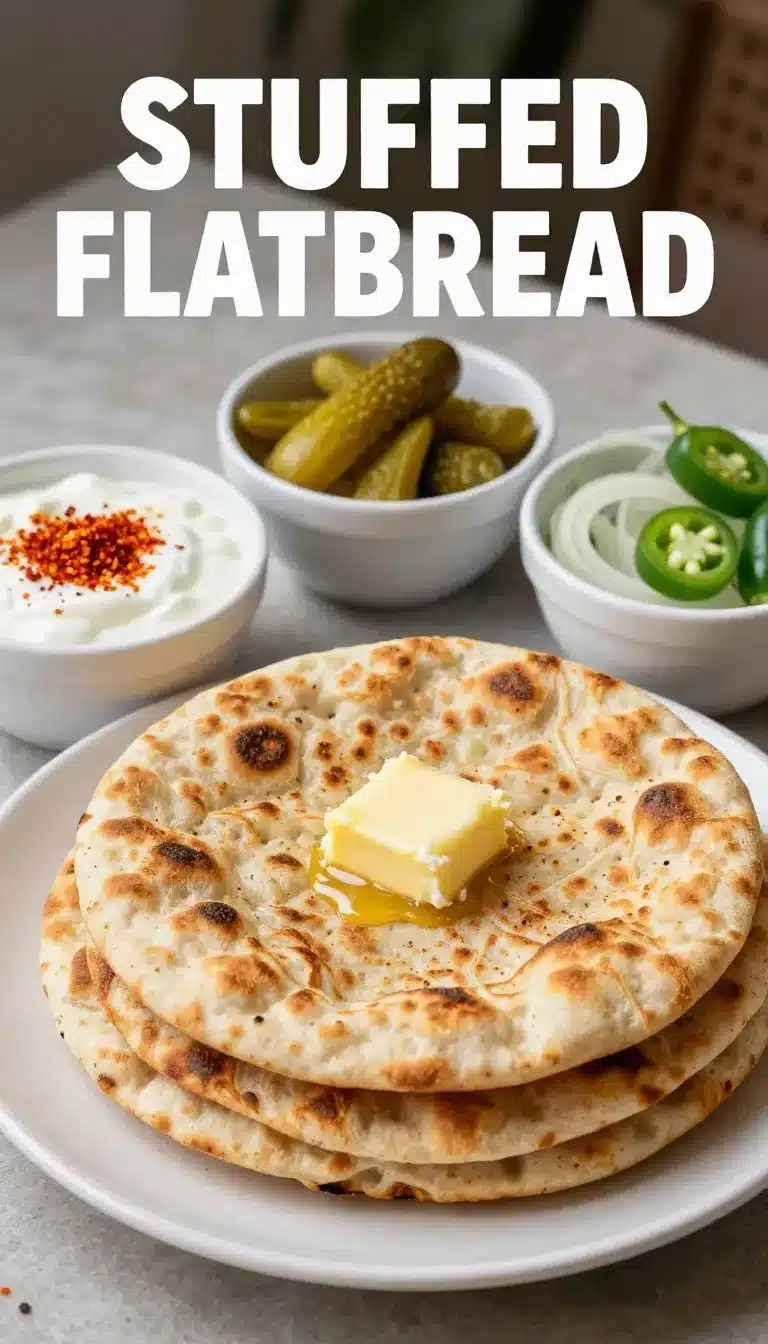 Close-up of freshly cooked aloo paratha served with yogurt and pickles on a plate.