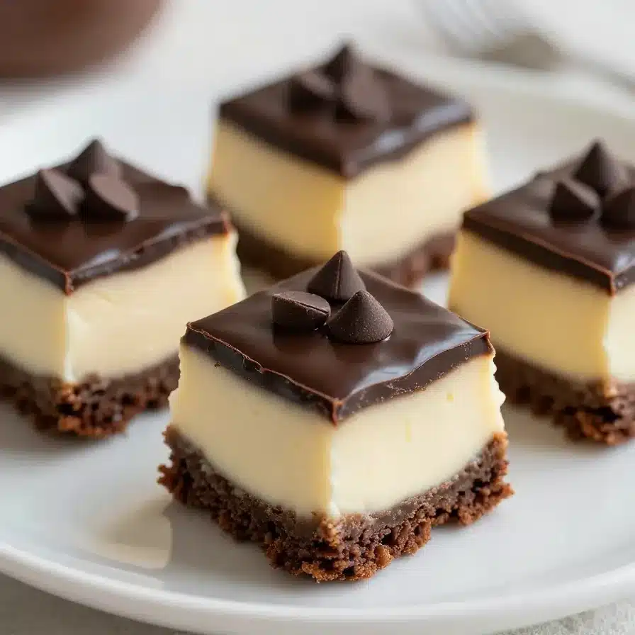 Close-up of decadent brownie bottom cheesecake bites arranged on a white plate.