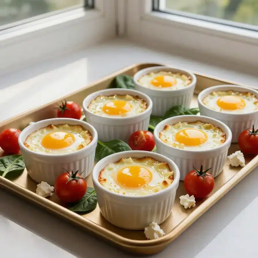 A close-up of Mediterranean baked feta eggs served in a skillet with fresh herbs and vegetables.