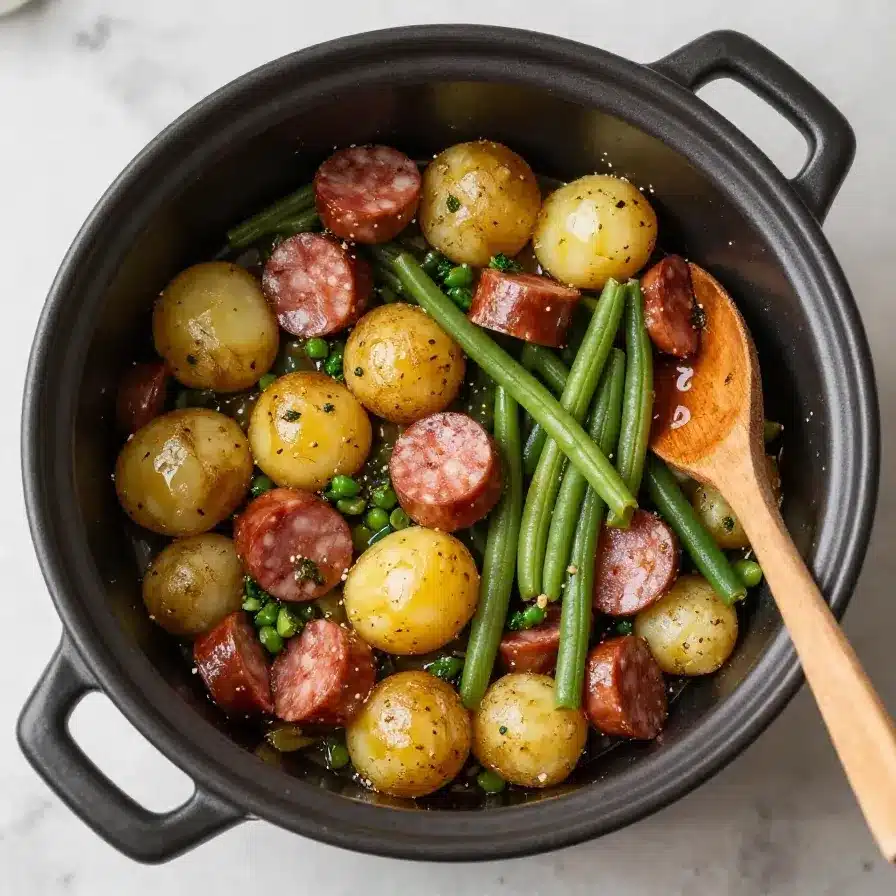 Close-up of swamp potatoes cooking in a crock pot with herbs and spices.