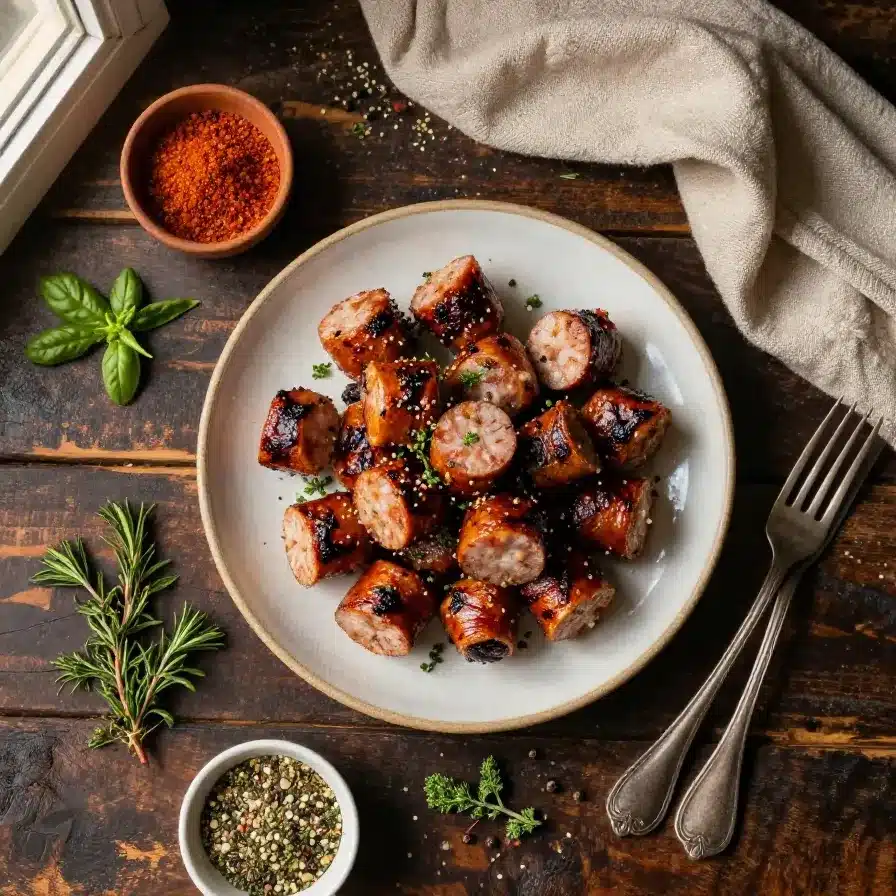 Close-up of maple barbecue kielbasa bites served on a wooden platter.