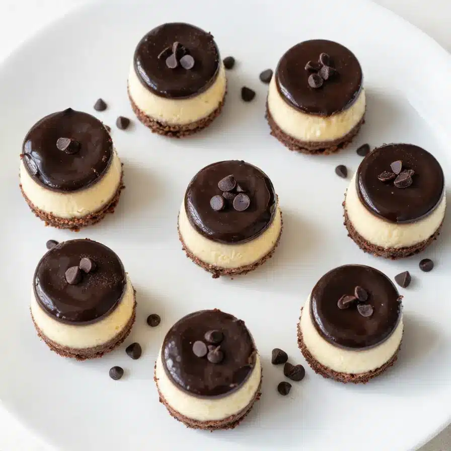 Close-up of decadent brownie bottom cheesecake bites arranged on a white plate.