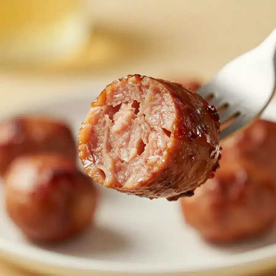 Maple Barbecue Kielbasa Bites 1 Close-up of maple barbecue kielbasa bites served on a wooden platter.