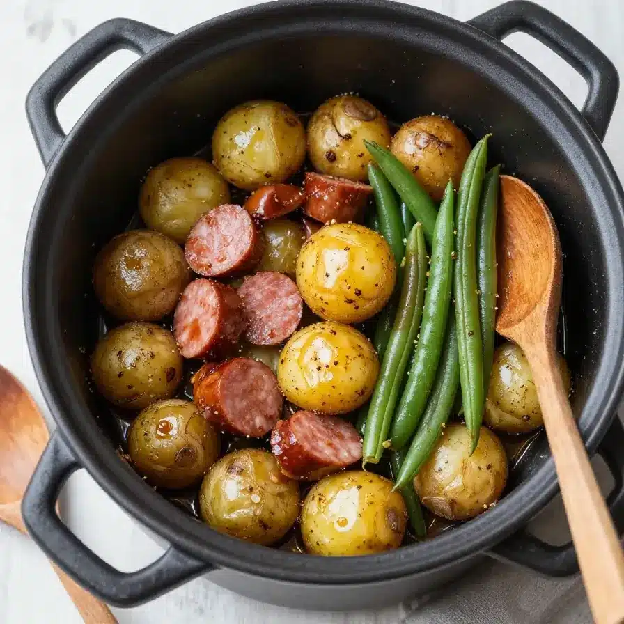 Close-up of swamp potatoes cooking in a crock pot with herbs and spices.